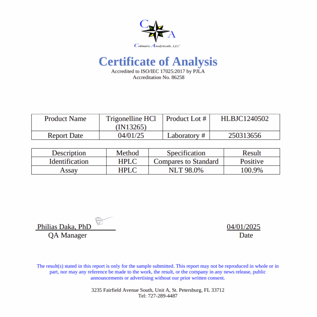 Mortalis Labs Trigonelline Supplement COA certificate of analysis third party lab tested